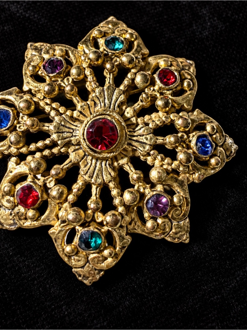 Gold-Tone Multi-Gem Floral Brooch